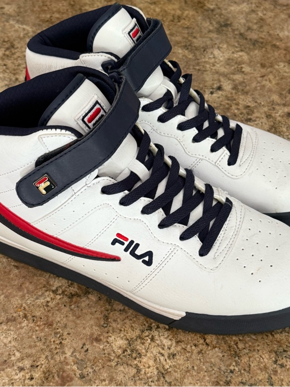 FILA Men's White/Navy High-Top Sneakers with Red Accent size 9.5